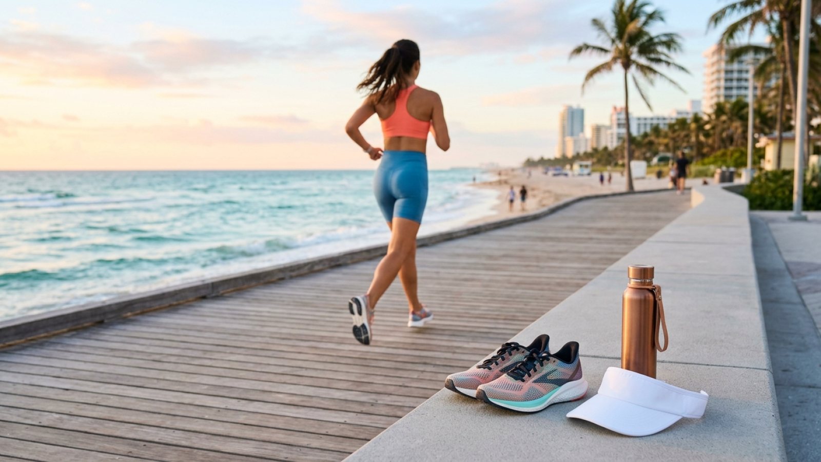 A woman in stylish, light-colored activewear running on a sunny Miami beach with palm trees and ocean in the background.