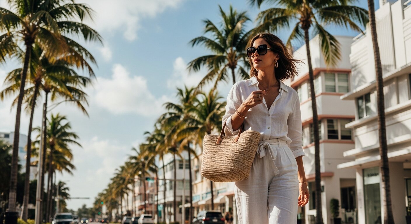 Stylish woman walking on a Miami street with a structured tote bag, palm trees in the background.